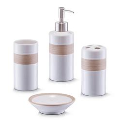 Foto van Badkamer/toilet accessoires set 4-delig - keramiek - wit/beige - badkameraccessoireset