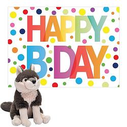 Foto van Pluche dieren knuffel grijze wolf 25cm met happy birthday wenskaart - knuffeldier