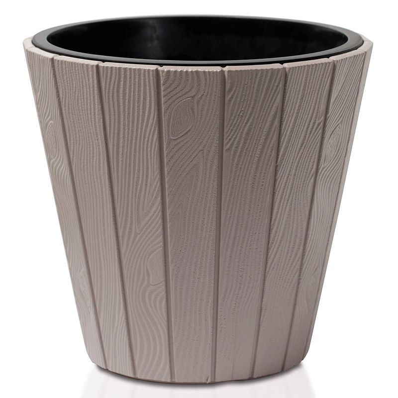 Foto van Prosperplast plantenpot/bloempot wood style - buiten/binnen - kunststof - beige - d30 x h28 cm - plantenpotten