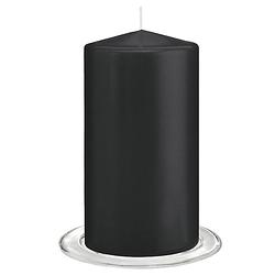 Foto van Trend candles - stompkaarsen met glazen onderzetters set van 2x stuks - zwart 8 x 15 cm - stompkaarsen