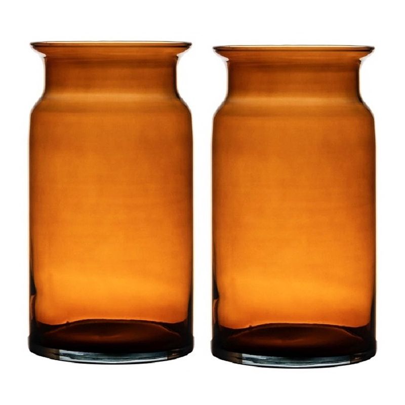 Foto van Set van 2x stuks oranje/transparante melkbus vaas/vazen van glas 29 cm - vazen