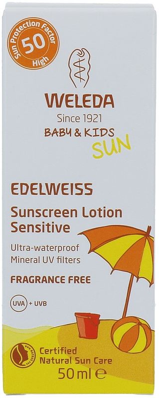 Foto van Weleda sun edelweiss sunscreen lotion sensitive spf50