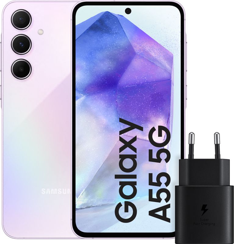 Foto van Samsung galaxy a55 128gb roze 5g + samsung 25 watt snellader zwart