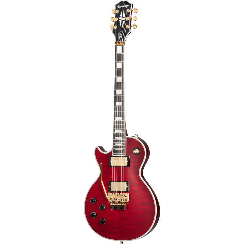 Foto van Epiphone alex lifeson les paul custom axcess quilt ruby lh linkshandige elektrische gitaar met koffer