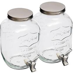 Foto van 2x stuks - glazen drank dispenser 4 liter - met metalen kraantje en schroefdeksel - drankdispensers