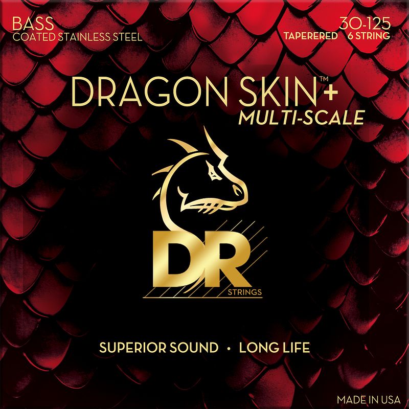 Foto van Dr strings dragon skin+ coated multi-scale tapered 30-125 st. steel voor 6-snarige elektrische basgitaar