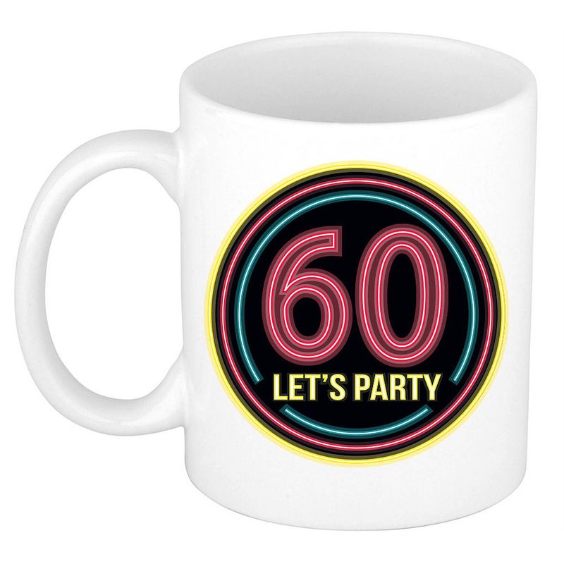 Foto van Verjaardag mok / beker - lets party 60 jaar - neon - 300 ml - verjaardagscadeau - feest mokken