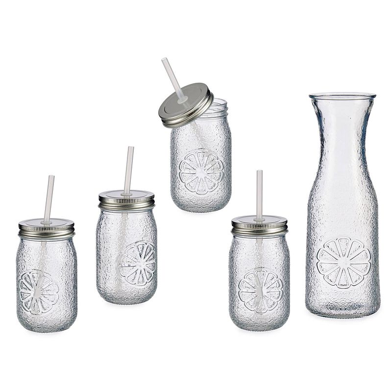 Foto van Glazen karaf /schenkkan 1 liter met 4x mason jars/smoothie drinkglazen met rietje en deksel 400 ml - karaffen