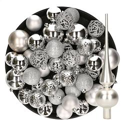 Foto van Kerstversiering kunststof kerstballen met piek zilver 6-8-10 cm pakket van 39x stuks - kerstbal