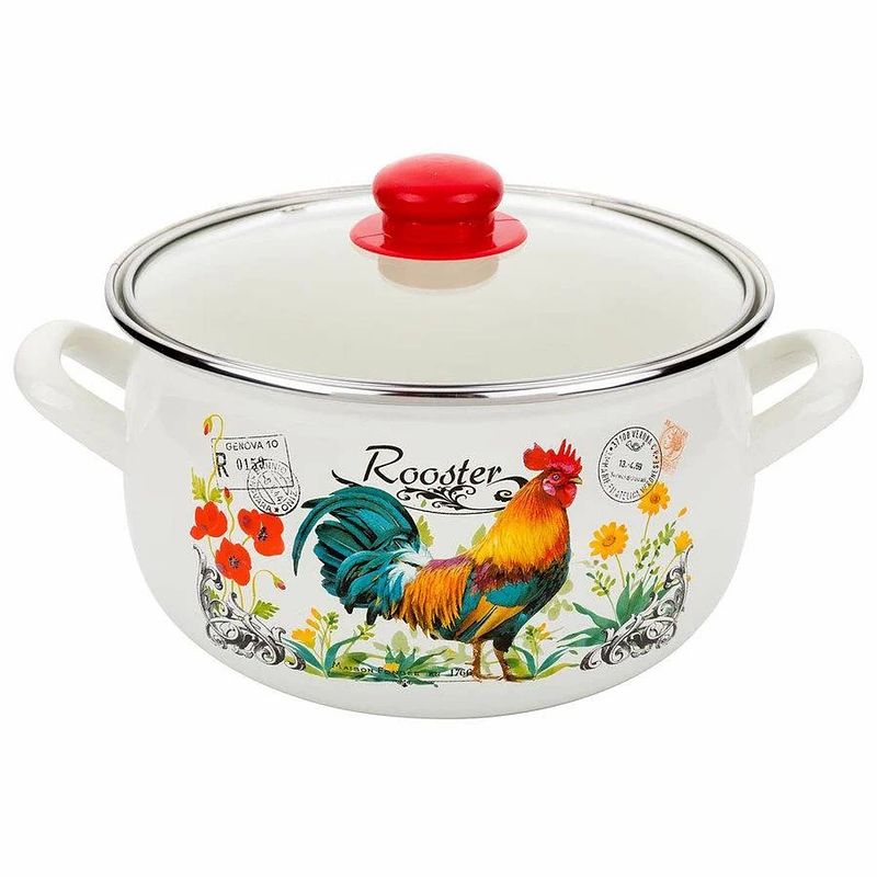 Foto van Emalia retro haan rooster geëmailleerde vintage kookpan 16 cm 2.2 liter crème / rood
