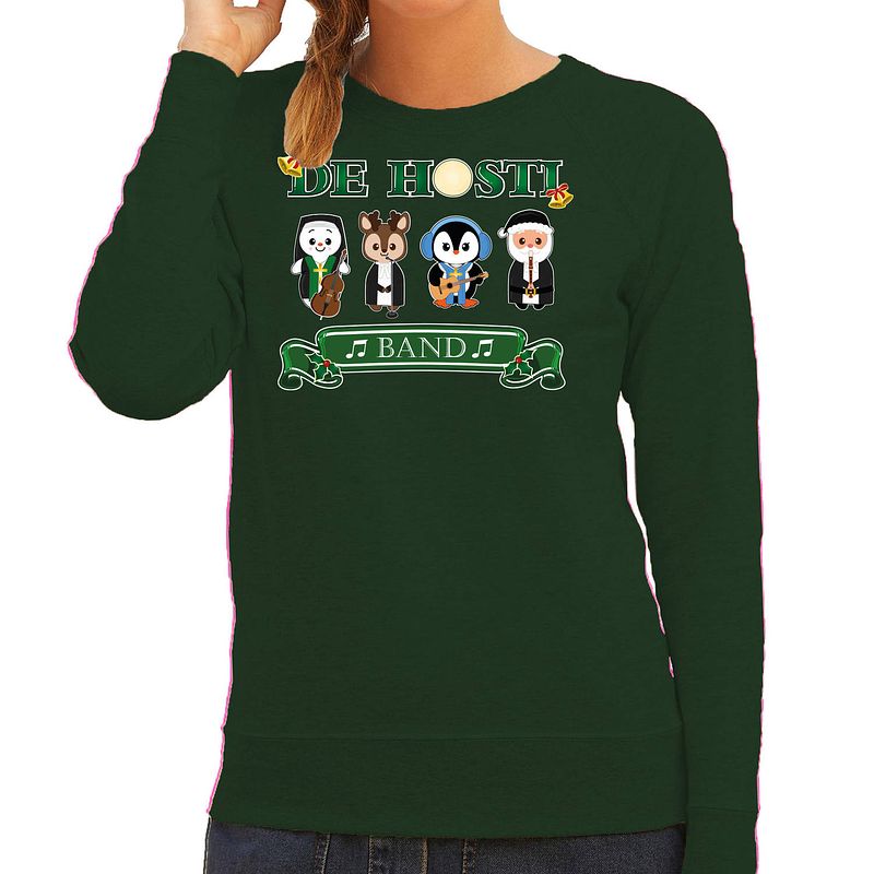 Foto van Bellatio decorations foute kersttrui/sweater dames - de hosti band - groen - kerstmuziek - band m - kerst truien