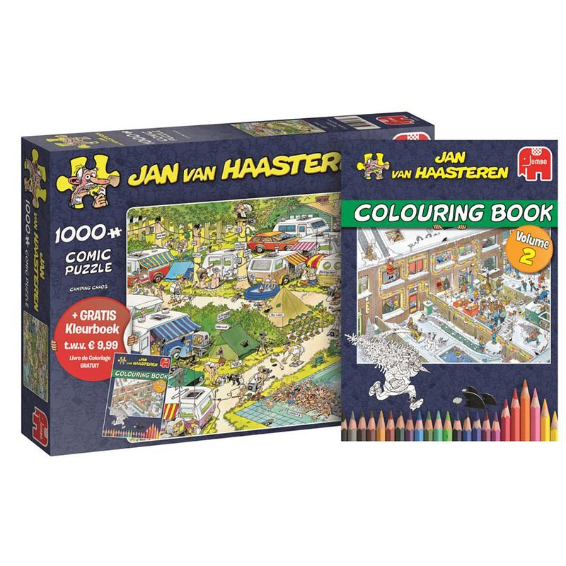 Foto van Jan van haasteren camping chaos + gratis kleurboek - 1000 stukjes