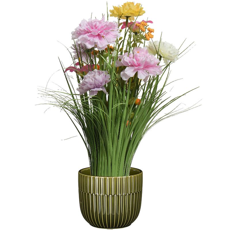 Foto van Kunstbloemen boeket lila paars - in pot groen - keramiek - h40 cm - kunstbloemen