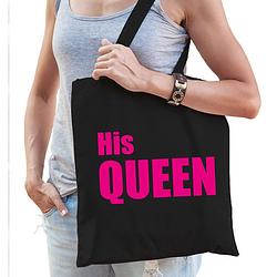 Foto van His queen tas / shopper zwart katoen met roze tekst voor dames - feest boodschappentassen