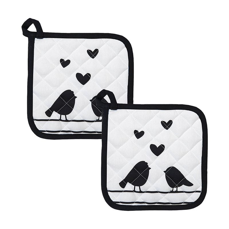 Foto van Haes deco - set van 2 pannenlappen - 20x20 cm - 100% katoen - love birds