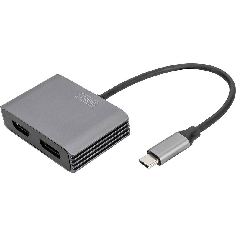 Foto van Digitus da-70826 displayport / hdmi / usb-c adapter [1x usb-c - 2x displayport bus, hdmi-bus] zwart afgeschermd, rond 0.2 m