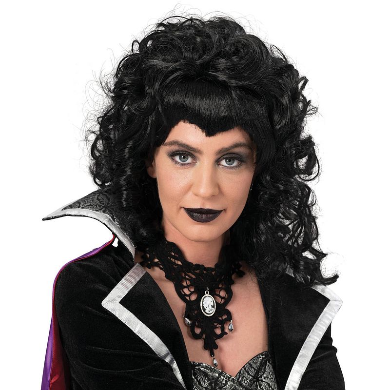 Foto van Funny fashion heksenpruik lang haar - zwart/krullen - damespruik - halloween - verkleedpruiken