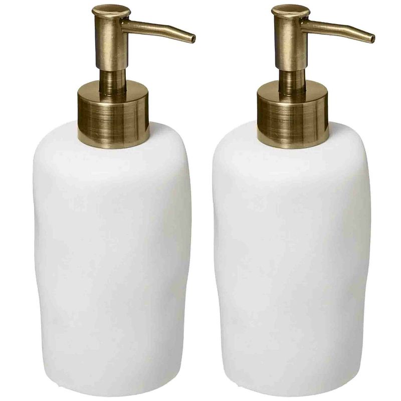 Foto van 2x stuks zeeppompjes/zeepdispensers van kunststeen - wit - 300 ml - zeeppompjes