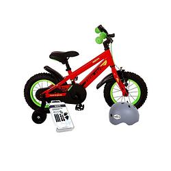 Foto van Volare kinderfiets rocky - 12 inch - rood/groen - inclusief fietshelm + accessoires