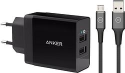 Foto van Anker oplader met 2 usb poorten 12w + bluebuilt micro usb kabel 1,5m nylon zwart