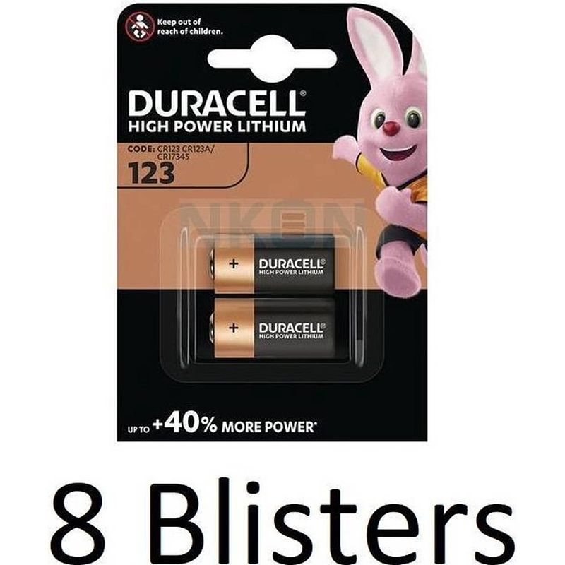 Foto van 16 stuks (8 blisters a 2 st) duracell batterijen ""123"" lithium, 3v