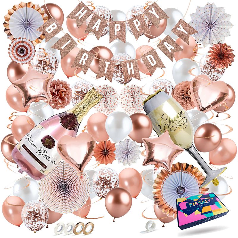 Foto van Fissaly® 76 stuks rosé gouden champagne versiering - feest decoratie - geslaagd feestpakket - ballonnen & accessoires