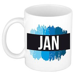 Foto van Naam cadeau mok / beker jan met blauwe verfstrepen 300 ml - naam mokken