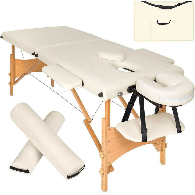 Foto van Tectake® - 2 zones massagetafel-set met 5cm matras, rolkussens en houten frame - beige - 404744