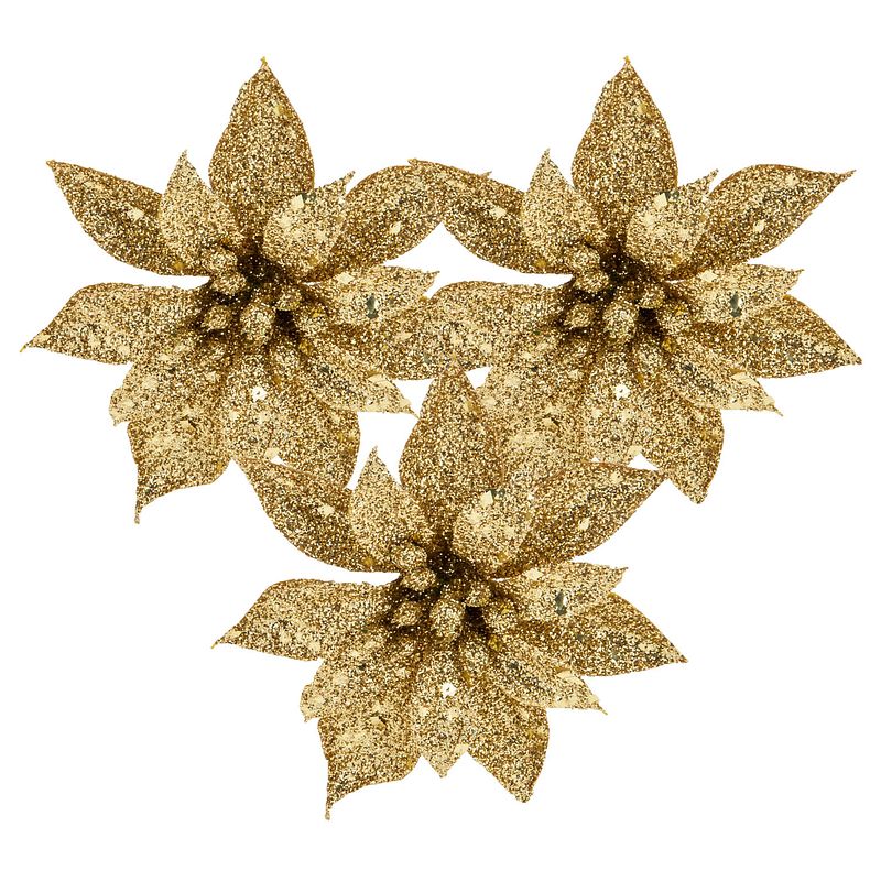 Foto van Kerstboomversiering bloem op clip - 3x- goud - 8 cm - glitters - kersthangers