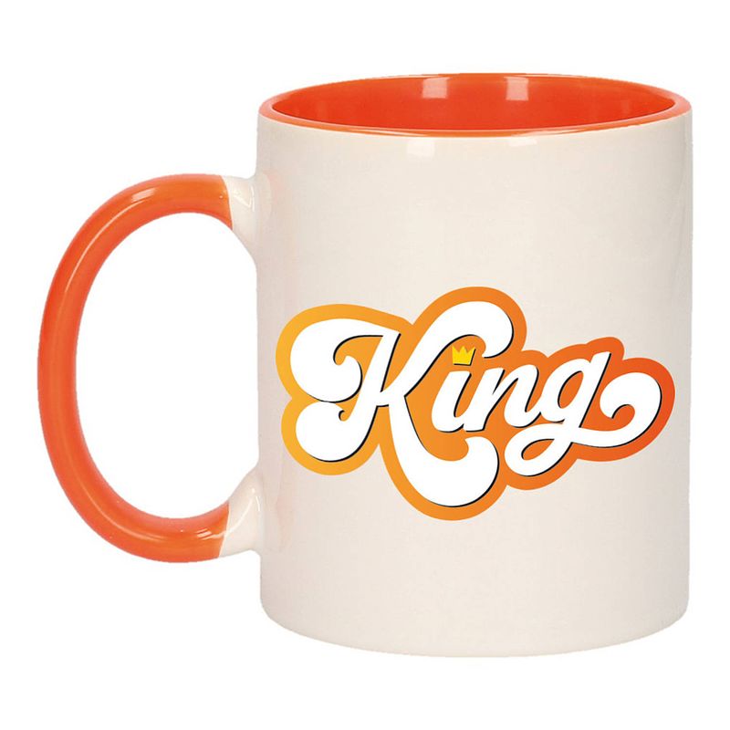 Foto van Koningsdag king met kroontje mok/ beker oranje wit 300 ml - feest mokken