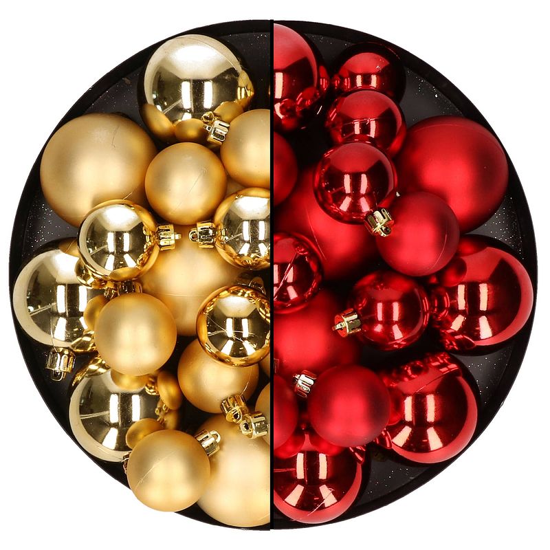 Foto van Kerstversiering kunststof kerstballen mix rood/goud 6-8-10 cm pakket van 44x stuks - kerstbal