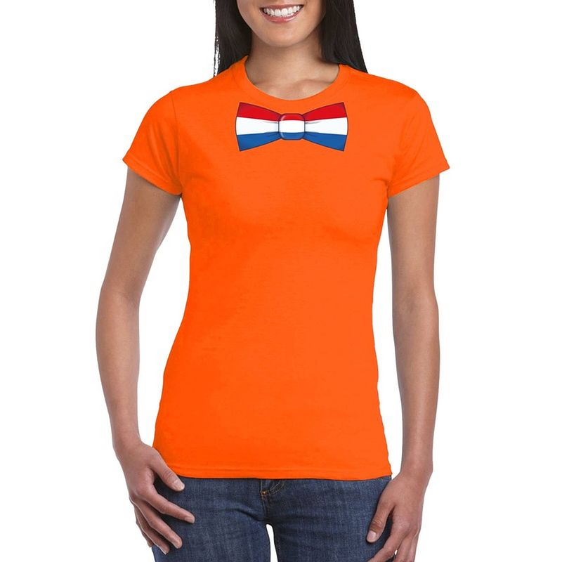 Foto van Oranje t-shirt met hollandse vlag strikje dames - oranje koningsdag/ holland supporter kleding s