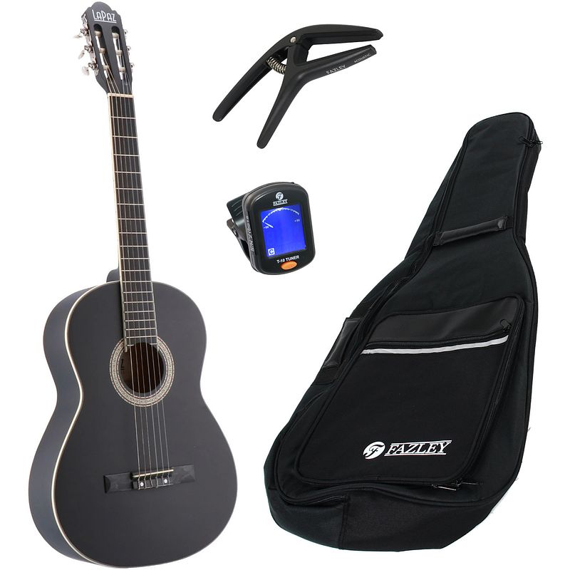 Foto van Lapaz c30bk klassieke gitaar 4/4-formaat zwart + gigbag + accessoires