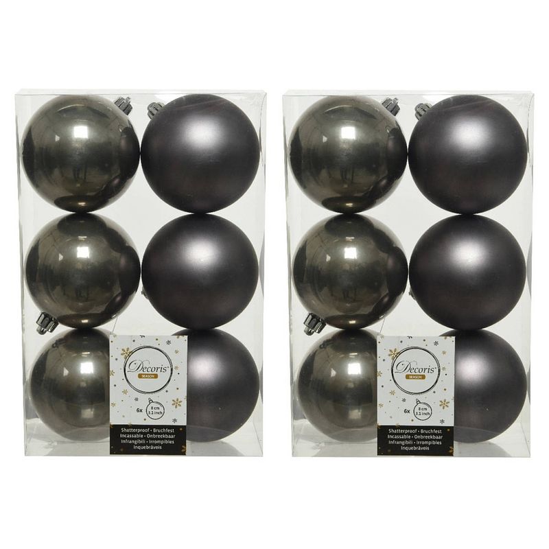 Foto van 12x stuks kunststof kerstballen antraciet (warm grey) 8 cm glans/mat - kerstbal