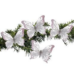 Foto van 4x stuks kerstboom decoratie vlinders op clip glitter wit 15,5 cm - kersthangers