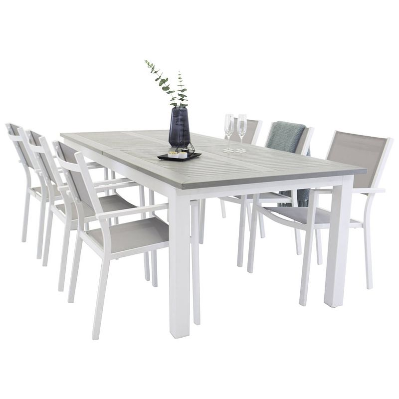 Foto van Albany tuinmeubelset tafel 100x224/324cm en 6 stoel stapel copacabana wit, grijs.