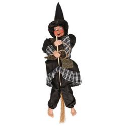 Foto van Halloween decoratie heksen pop op bezem - 44 cm - zwart/goud - halloween poppen