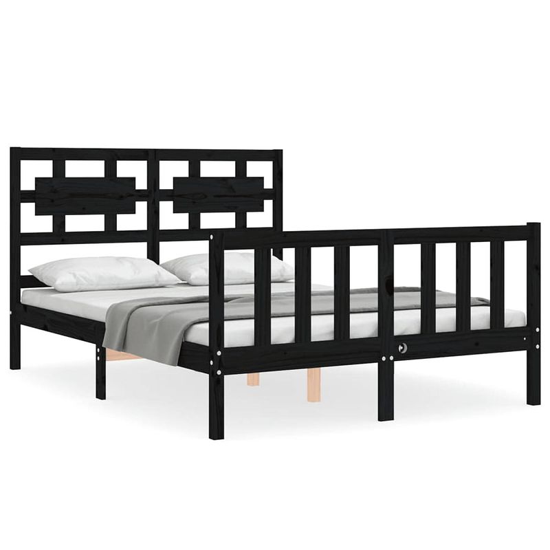 Foto van The living store bedframe massief grenenhout - zwart - 205.5x125.5x100 cm - met multiplex lattenbodem