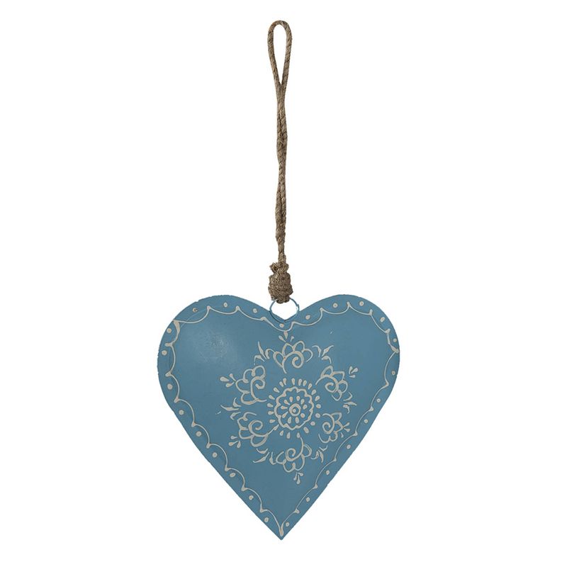 Foto van Clayre & eef hanger hart 12 cm blauw ijzer kersthanger kerst decoratie blauw kersthanger kerst decoratie