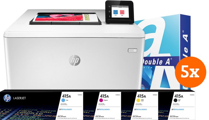 Foto van Hp color laserjet pro m454dw + 1 extra set toners + 2.500 vellen a4 papier