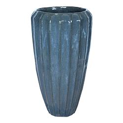 Foto van Ptmd olver blue ceramic pot ribbed structure round l