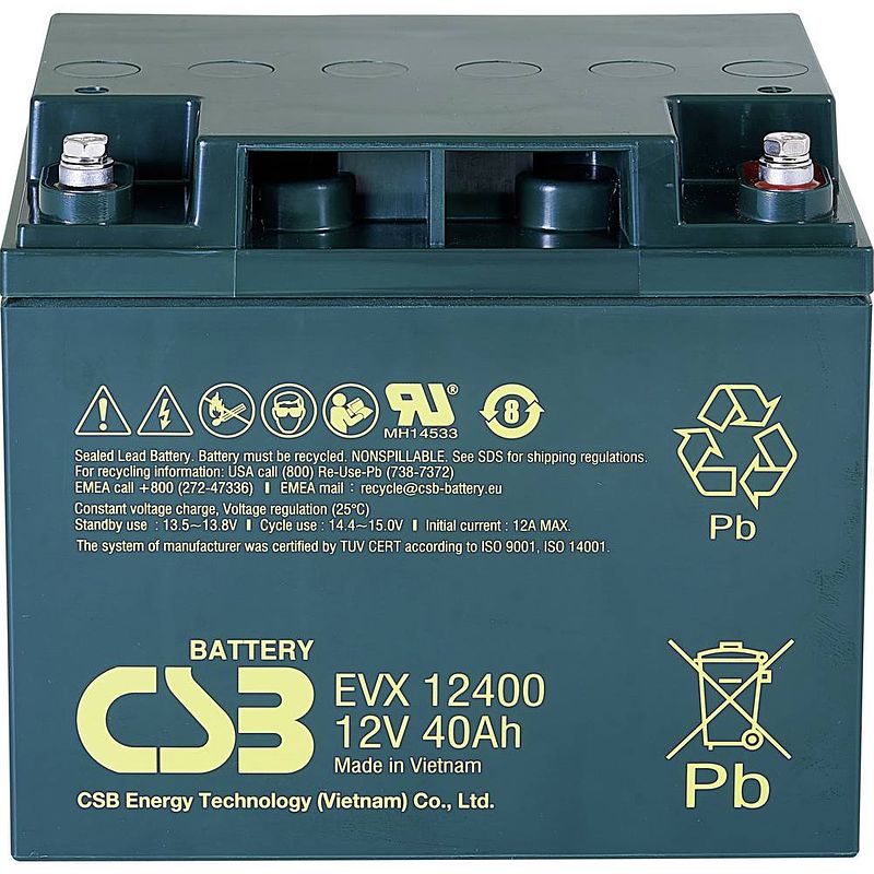 Foto van Csb battery evx 12400 loodaccu 12 v 40 ah loodvlies (agm) (b x h x d) 197 x 170 x 165 mm m5-schroefaansluiting cyclusbestendig, onderhoudsvrij, geringe