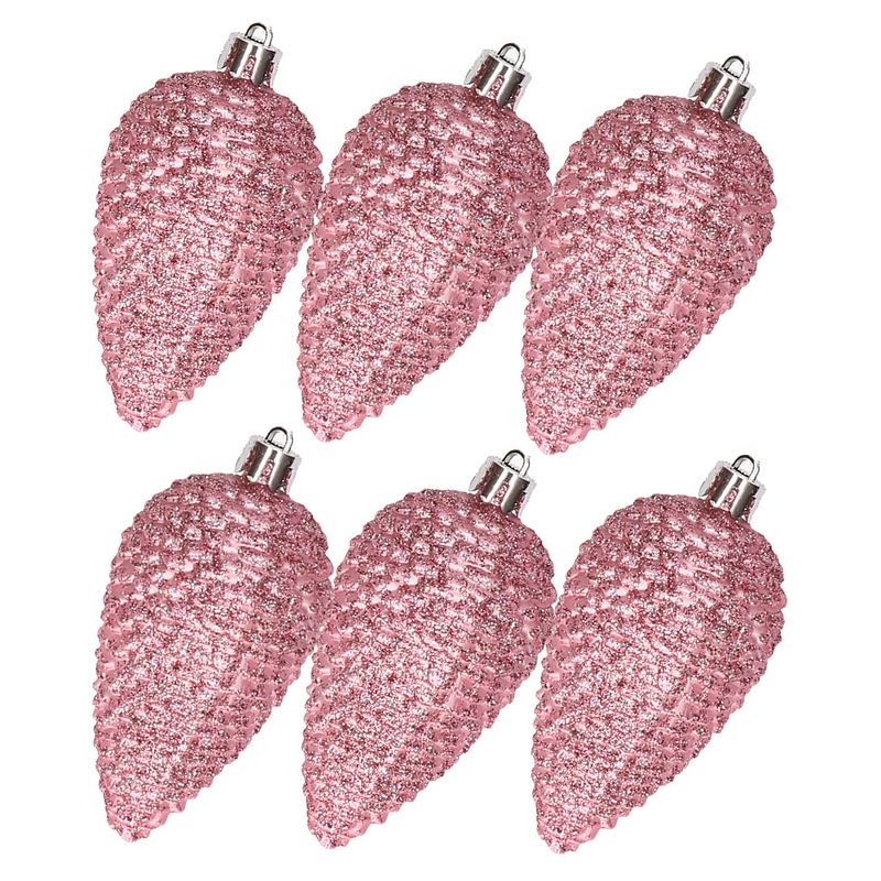 Foto van Kerstornamenten kunststof dennenappels 6x stuks roze glitter 8 cm - kersthangers