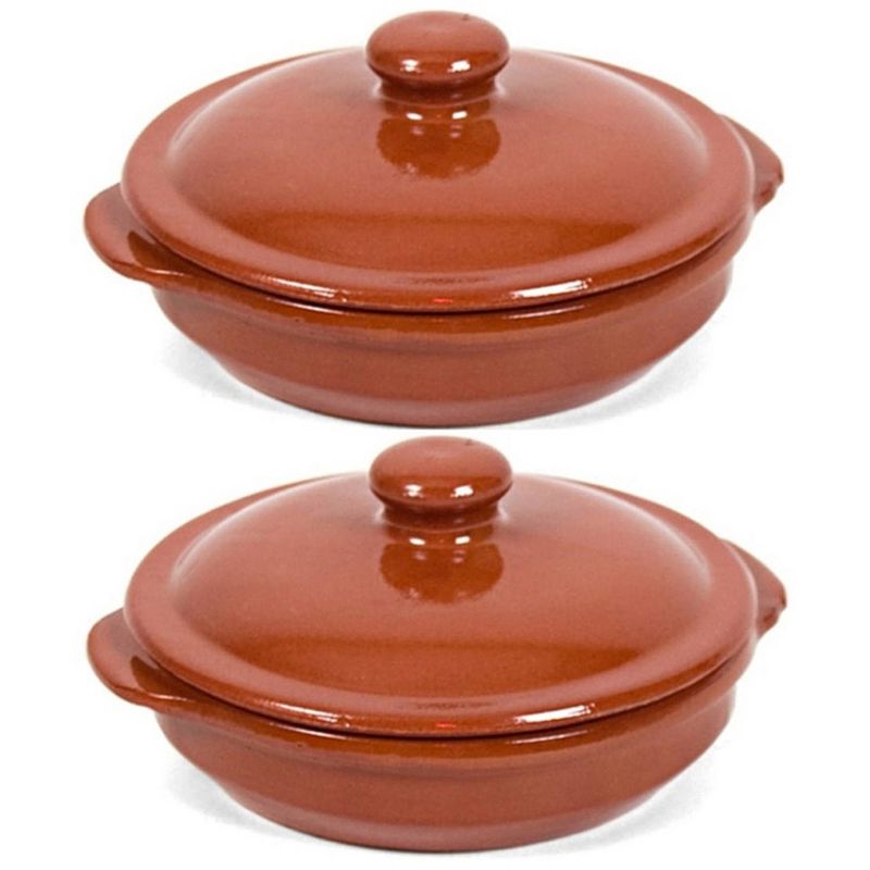 Foto van 4x terracotta stoofpotten/ovenschalen met deksel 18 cm - braadpannen