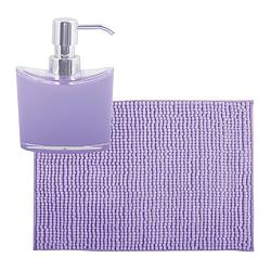 Foto van Msv badkamer droogloop mat/tapijtje - 50 x 80 cm - en zelfde kleur zeeppompje 260 ml - lila paars - badmatjes