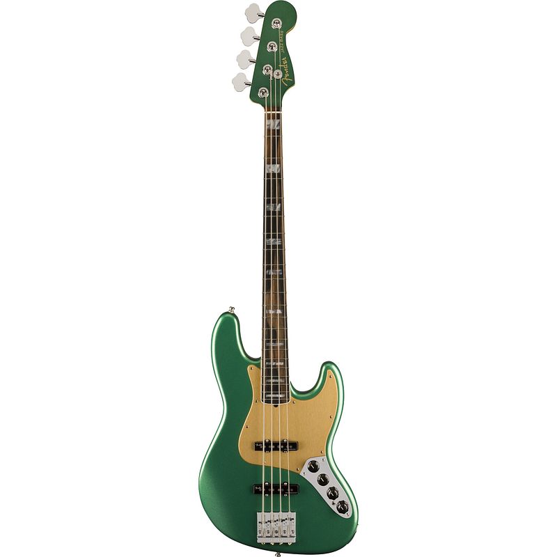 Foto van Fender american ultra jazz bass mystic pine green eb elektrische basgitaar met koffer