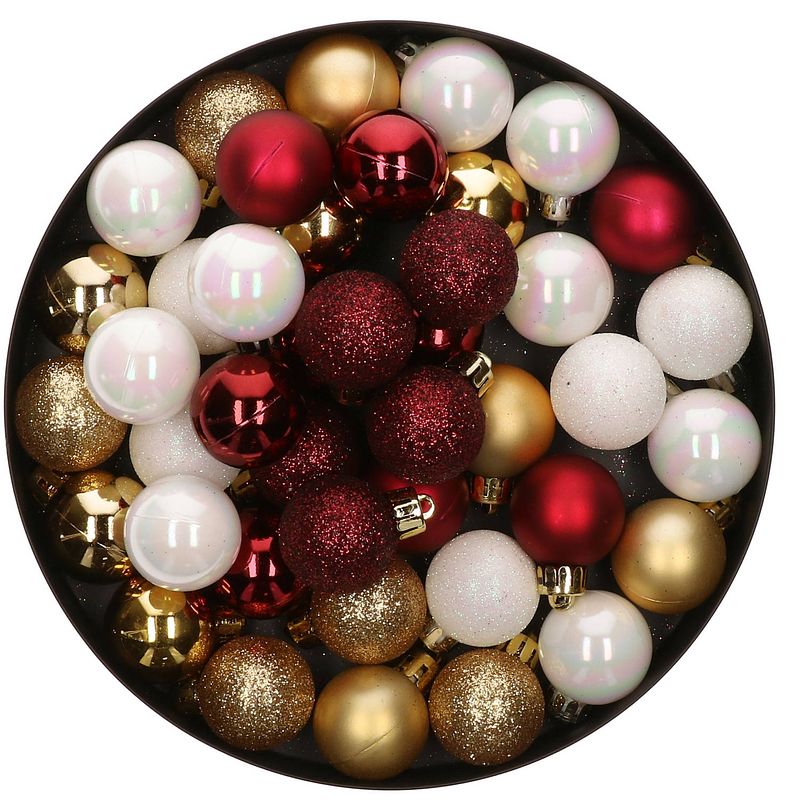 Foto van 48x stuks kunststof kerstballen mix wit/goud/donkerrood 4 cm - kerstbal