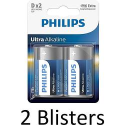 Foto van 4 stuks (2 blisters a 2 st) philips ultra alkaline d cell batterijen