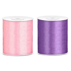 Foto van 2x rollen hobby decoratie satijnlint paars-roze 10 cm x 25 meter - cadeaulinten