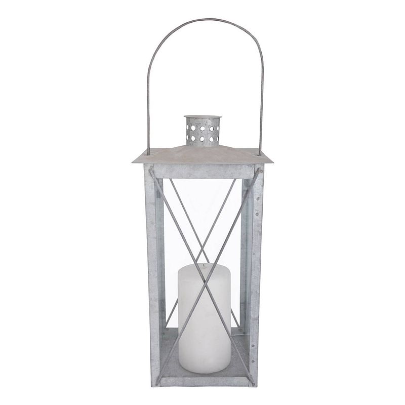 Foto van Zilveren tuin lantaarn/windlicht van zink 17,2 x 17,2 x 36,5 cm - lantaarns